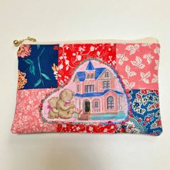 ハンドメイド　パッチdeポーチ　うとうとくまさん　パッチワーク　ポーチ　フラットポーチ　くま　テディベア　花柄