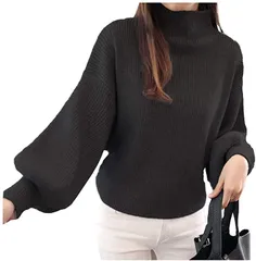 FAAMEE(フェイミー) ボリューム袖 ニット ハイネック トップス バルーン袖 長袖 秋 冬 リブニット セーター ハイネックニット( ブラック,  L)