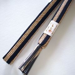 帯締め　黒金　絹　手組み