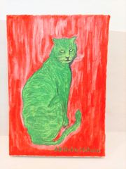 Akihiko Mihara, a Salon d'Automne award-winning artist, "It's a Cat" oil painting, small piece, art, interior, colorful, stylish, miscellaneous goods, original, contemporary art, art, SM size, green drawing, cat, mysterious, oil painting, artwork, green, red