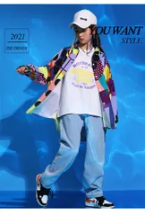 デニムパンツ ダンス 衣装 ヒップホップ キッズ 幾何柄シャツ キッズダンス衣装 練習着 男の子 女の子 子供 ｔシャツ ジャズダンス ステージ衣装 派手 xyuz01xyuz01