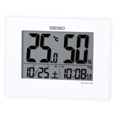 【在庫処分】電波 デジタル 掛け時計 カレンダー 温度湿度表示 目覚まし時計 白 置き時計 本体サイズ:12.7×16.5×2.6cm セイコークロック SQ798W