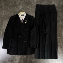 【JAPANESE VINTAGE】5点セット セレモニー ダブルスーツ セットアップ 上下 ブラック系 成人式 卒業式 結婚式（ユーロピンズ＆シャツ＆ネクタイ おまけ）No.46