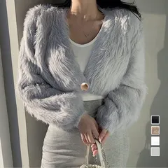 ファーコート フェイクファー ショート丈 レディース おしゃれ エコファー ジャケット Vネック 秋冬アウター クロップド丈 防寒ノーカラーコート あったかい韓国 ファーアウター大人 冬服ガーリー高見え パーティー 結婚式