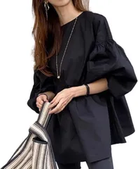 J-Scott ジェイスコット ブラウス レディース チュニック ボリューム袖 パフスリーブ ペプラム 前後2way 長袖 JS134(ブラック,  L)