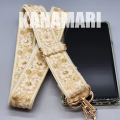 [206]インド刺繍リボンのスマホ用ショルダーストラップ（ベージュ系、金具：ゴールド系）、ハンドメイド