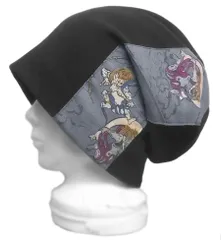 ◇送料無料◇ ハンドメイド◆和柄[風神雷神]ルーズワッチキャップ◆コットンニット／ブラック　◇ゆったりサイズ・小顔効果・オールシーズン着用◇