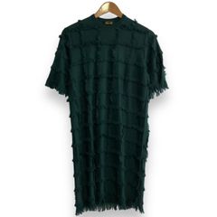 美品 Drawer ドゥロワー 半袖 クルーネック フリンジチェック ひざ丈 ニットワンピース 6526-299-0949 グリーン レディース 古着 中古 USED