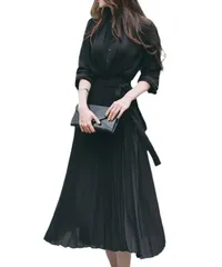 [Elixio] [エリクシオ] レディース ワンピース プリーツスカート 長袖 秋服 秋 上品 プリーツ ロング丈 きれいめ シンプル 大きいサイズ 体型カバー オフィス フォーマル パーティー 秋冬 (XXL, ブラック) [ブラック] [2XL]