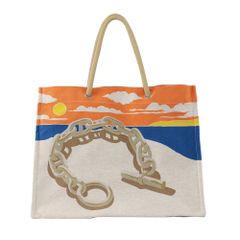 【天白】【HERMES】エルメス ビーチバッグ エスカル ア・ラ・プラージュ プリント トワルH アシエ ベージュ/オレンジ シルバー金具【新品】【未使用】【中古】