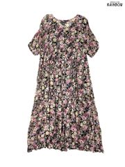 古着 STARINA 前開き 花柄 ロング丈 半袖 ティアード ワンピース 黒 ベージュ 紫 (otu2507047)