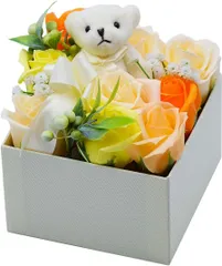 シャボンフラワーベアBOX ソープフラワー アレンジメント クマのぬいぐるみ バラ ボックスフラワー オレンジ