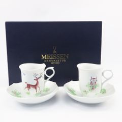 Meissen マイセン 動物柄 フクロウ 鹿 カップ＆ソーサー ハインツ・ヴェルナー 計2客 箱付き 食器【中古】【送料無料】