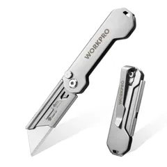 【特価商品】WORKPRO カッター カッターナイフ ユーティリティナイフ 折り畳みナイフ クイックチェンジ 軽量 ステンレス製 SK5ブレード 切れ味良い ボタンロック ベルトクリップ付き