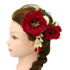 髪飾り 成人式 つまみ細工 赤 振袖 前撮り 袴 花 2点セット 芙蓉 白 ゴールド ちりめん 組紐 下がり 藤下がり かんざし おしゃ No.9-5030