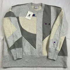 Champion ANREALAGE クルーネック スウェットシャツ グレー M サイズ 別注 コラボレーション パッチワーク デザイン アシンメトリー 裏起毛 ドロップショルダー ゆったりシルエット 限定品 カジュアル ストリートスタイル 未使用