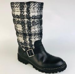 美品★CHANEL・シャネル レディース レザー切替し ツイード ココマークデザイン エンジニアブーツ スノーブーツ(35)イタリア製 ブラック レディースブーツ 秋冬物 ショートブーツ レディース靴