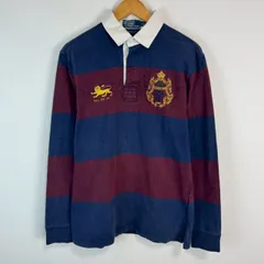 90s Polo by Ralph Lauren ポロバイラルフローレン ラガーシャツ 長袖 ボーダー柄 ロゴ刺繍 ネイビー/バーガンディ サイズM メンズ 古着 アメカジ ストリート
