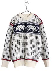 80sバーズアイニットL.L.Beanノルディック柄ベア生成りXLノルウェー製 