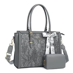 新品 [MOSISO] 女性用 ラップトップバッグ、15.6-16インチ 、撥水 PUレザー トートバッグ、対応機種 MacBook/HP/Dell/Asus ノートパソコン、フロントエンボスレトロハイビスカス パソコンケース、シルクスカーフ 小さなポーチ付き