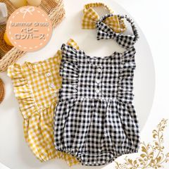 ベビー ロンパース ヘアバンド付き ギンガムチェック ノースリーブ 女の子 ブラック イエロー 赤ちゃん 子供服 ベビー服 赤ちゃん服 夏 チェック柄 かわいい70 80