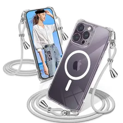 iPhone 14 Pro Max ケース クリア ショルダー MagSafe対応 耐衝撃 iPhone14ProMax スマホケース マグセーフ対応 透明 織りストラップ付き アイフォン14 Pro Max カバー 肩がけ 首掛け 紐付き 縄掛け シング 0