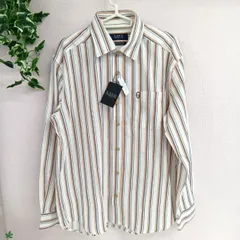[GIANNI VALENTINO]ジャンニバレンチノ ストライプ ワイシャツ 長袖 メンズ  タグ付き 綿100％ 日本製生地 ホワイト 茶系ストライプ サイズL (い-70，サ）のサムネイル