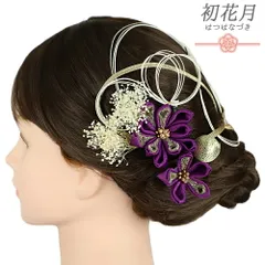 髪飾り 成人式 水引 ロング つまみ細工 振袖 袴 花 かすみそう 8点セット 紫 ゴールド ちりめん 組紐 玉飾り 造花 ビーズ ラメ No.9-5435