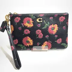 f001 C 美品 コーチ COACH ポーチ リストレット フラワー レザー ブラック スモール マルチケース 品番CM783