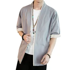 L_#675:グレー [foveitaa] 夏服 メンズ 和式 パーカー 七分袖 五分袖 半袖 メンズ 夏 大きいサイズ tシャツ 甚平 和風 羽織 和式 和柄 カーディガン コート 無地 ゆったり カジュアル 開襟シャツ 重ね着風 かっこいい トップス Gr