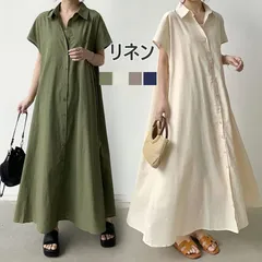 シャツワンピース 夏 レディース 半袖 リネン ワンピース ロング丈 Vネック ゆったり シンプルワンピース 大人 Aライン 体型カバー skwhyr08