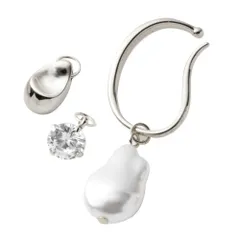 【シルバー×フリーサイズ】[Cream dot. クリームドット公式] イヤーカフ レディース 4点セット イヤーカフ 金属アレルギー ニッケルフリー 4way イヤカフ 片耳用 チャーム 取り外し バロックパール風 メタル 大ぶり ビジュー 大人 