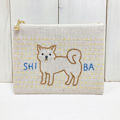 ミニポーチ【柴犬】　刺し子・綿麻・帆布