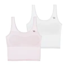 [FARFADET] 胸二重 ハーフトップ タンクトップ インナー ガールズ ジュニア 肌着 下着 女の子 ミドル丈 カップなし ピンク 白 2枚組 (L, 白＋ピンク) [白＋ピンク] [L]