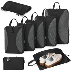 【在庫セール】出張 シューズバッグ付き 丈夫なファスナー圧縮 軽量 旅行 衣類仕分け収納 スーツケース スペース節約 便利グッズ パッキングポーチ【2024最新型】 旅行用圧縮袋 旅行用ポーチ ブラック 8点セット 圧縮 TRMFトラベルポーチ