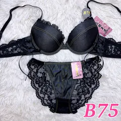 ブラショーツ セット売り 下着上下 下着 B75 夢かわ セクシー フリル レース リボン デニム風 バックレース ブラック 黒