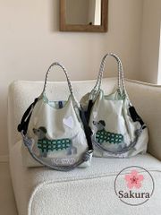 ダックスフント刺繍 ナイロンエコバッグ レディース 大容量 トートバッグ ショルダー 斜めがけ 通勤 通学 買い物 軽量 おしゃれ