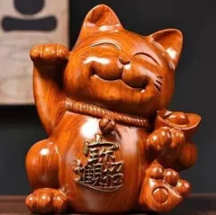 招き猫 木製 木彫り壁掛け アンティーク品 お座り ネコさん Sサイズ ウェルカム人形 ねこ 猫 木製 木彫りの