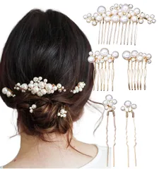 [Herbeluemily] 髪飾り ヘッドドレス ヘアアクセサリー ヘアピン パール 5点セット ウェディング 結婚式 パール×ゴールド [パール×ゴールド]