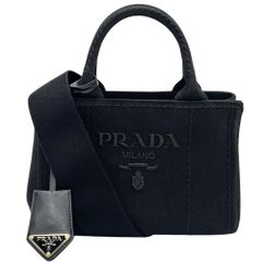 プラダ 2WAY レディース トライアングルロゴ ミニハンドバッグ トートバッグ ショルダーバッグ 斜め掛け 鞄 かばん PRADA 1BA038 コットン ブラック 黒 ゴールド金具【中古品】