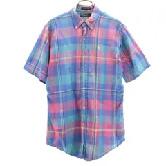 Polo by Ralph Lauren ポロバイラルフローレン 80s USA製 ボーイズ ヴィンテージ 緑タグ マドラスチェック柄 半袖 ボタンダウンシャツ 20 ブルー系 キッズ 古着