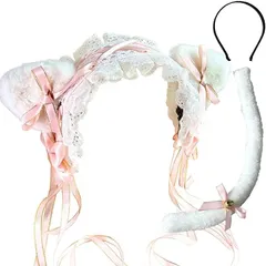 ＤａＫｅＳＵＴＡ＋ 猫耳 ヘッドドレス 尻尾 セット 取外し カチューシャ ロリータ 髪飾り 白耳xピンクリボン しっぽ( 白尻尾＋白耳xピンクリボン,  Free Size)