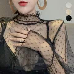 【匿名配送対応】フリル ハイネック ドット柄 シアー トップス レディース