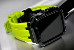 ライムグリーン&黒★Apple Watchシームレスバンド ラバーベルト アップルウォッチ極艶カバー 厚ケース メッキ 保護 series４〜10  ultra  ultra2 ウルトラ 316Lステンレス 44 45 46 49mm