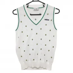 【超美品】アディダス ニットベスト 白×グリーン系 総柄 キウイフルーツ Vネック レディース M/M ゴルフウェア adidas