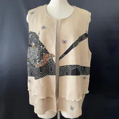 #anc シセンドウ ヒトシタムラ 詩仙堂 HITOSHI TAMURA ベスト ジレ  ベージュ 黒 ちりめん 和柄 日本製 レディース [927378]