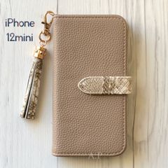iPhone12mini ケース 手帳型★レザー調 モカブラウン パイソン柄