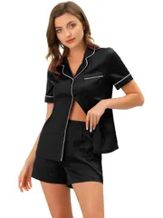 cheibear 女性用パジャマ ルームウェア 半袖 ボタンダウン サテン パジャマ セット ブラック XL