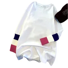 長袖tシャツ レディース ビッグシルエット ゆる ボーダー リブ 可愛い 大きいサイズ クルーネック 無地 ゆったり 春 秋 おしゃれ トップス カットソー ロンTEE 配色リブ シンプル 無地 オシャレ ワンポイント オシャレ 可愛い 着易い 着回し 白