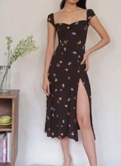 Shoulder Ribbon Fruit Print Chiffon Slit Dress - Australia